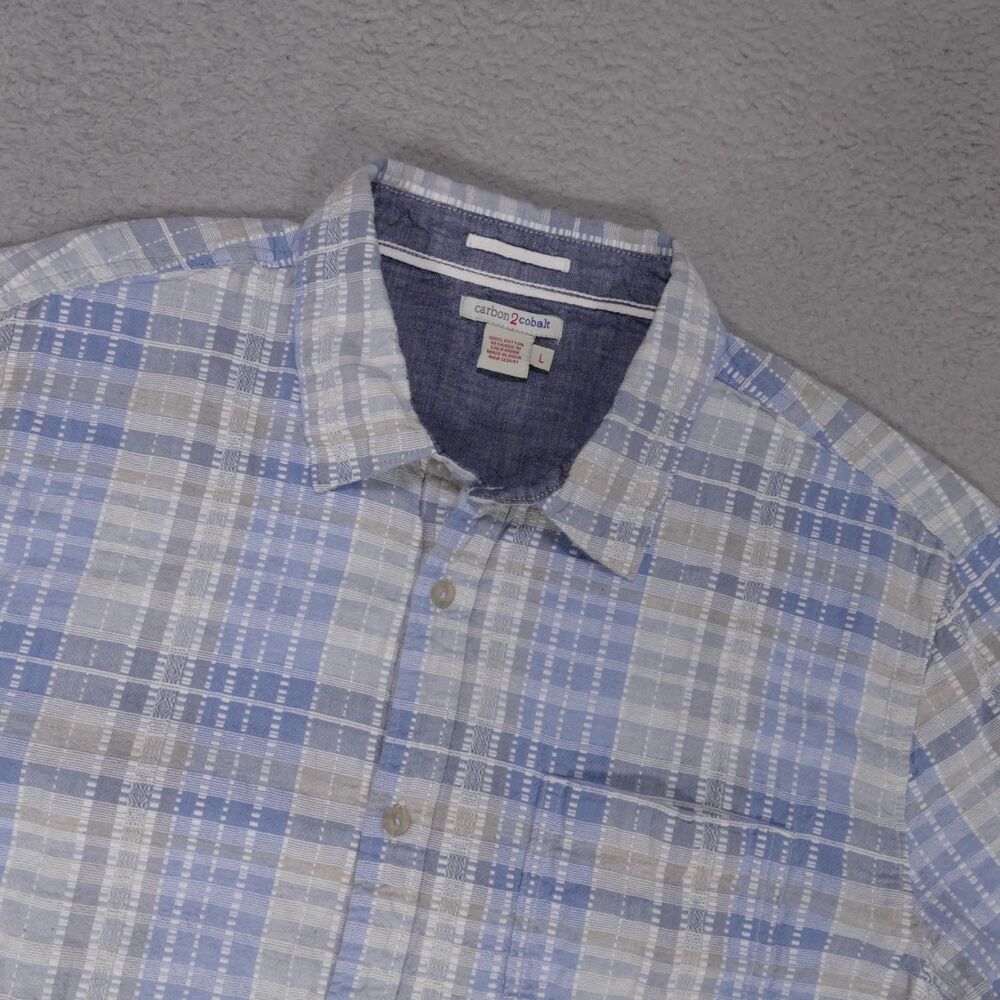 Carbon2Cobalt Shirt Mens Large Blue Plaid Long Sleeve Button Up Cotton Pocket